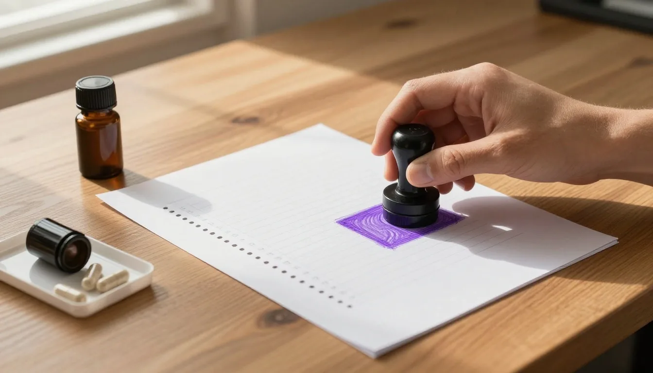A hand pressing a violet stamp onto one cell of a perforated paper supplement sheet