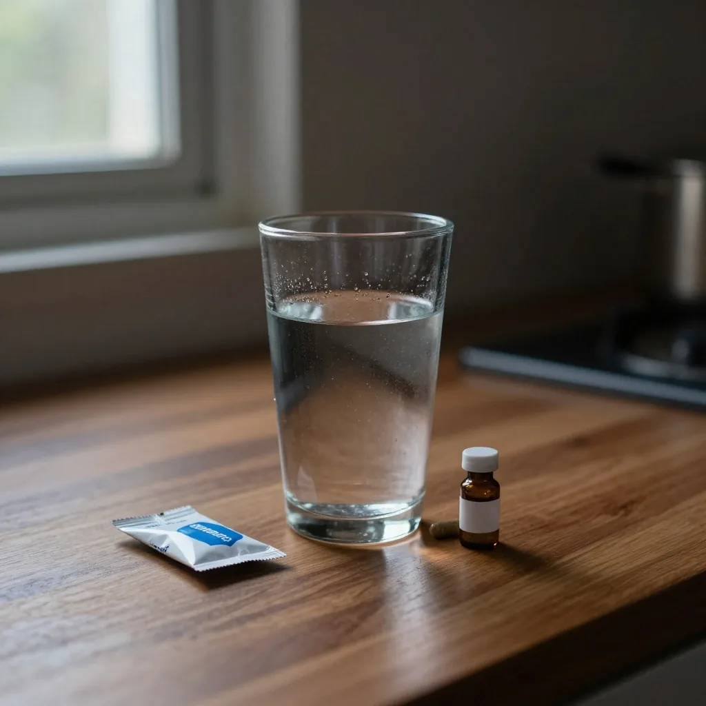 A glass of water and an electrolyte sachet on a teak table beside a vial and folded paper
