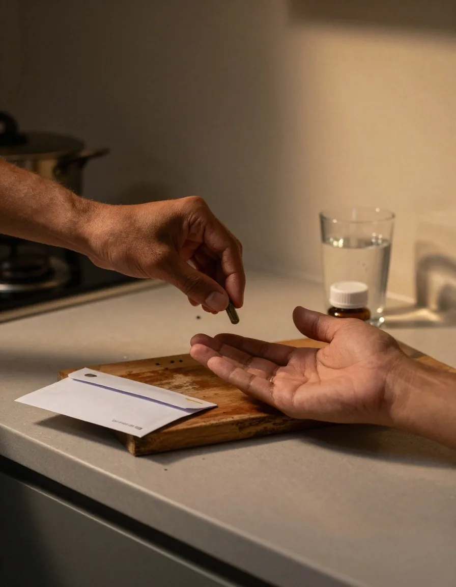 A capsule held above an open palm next to a sealed test result envelope on a work table