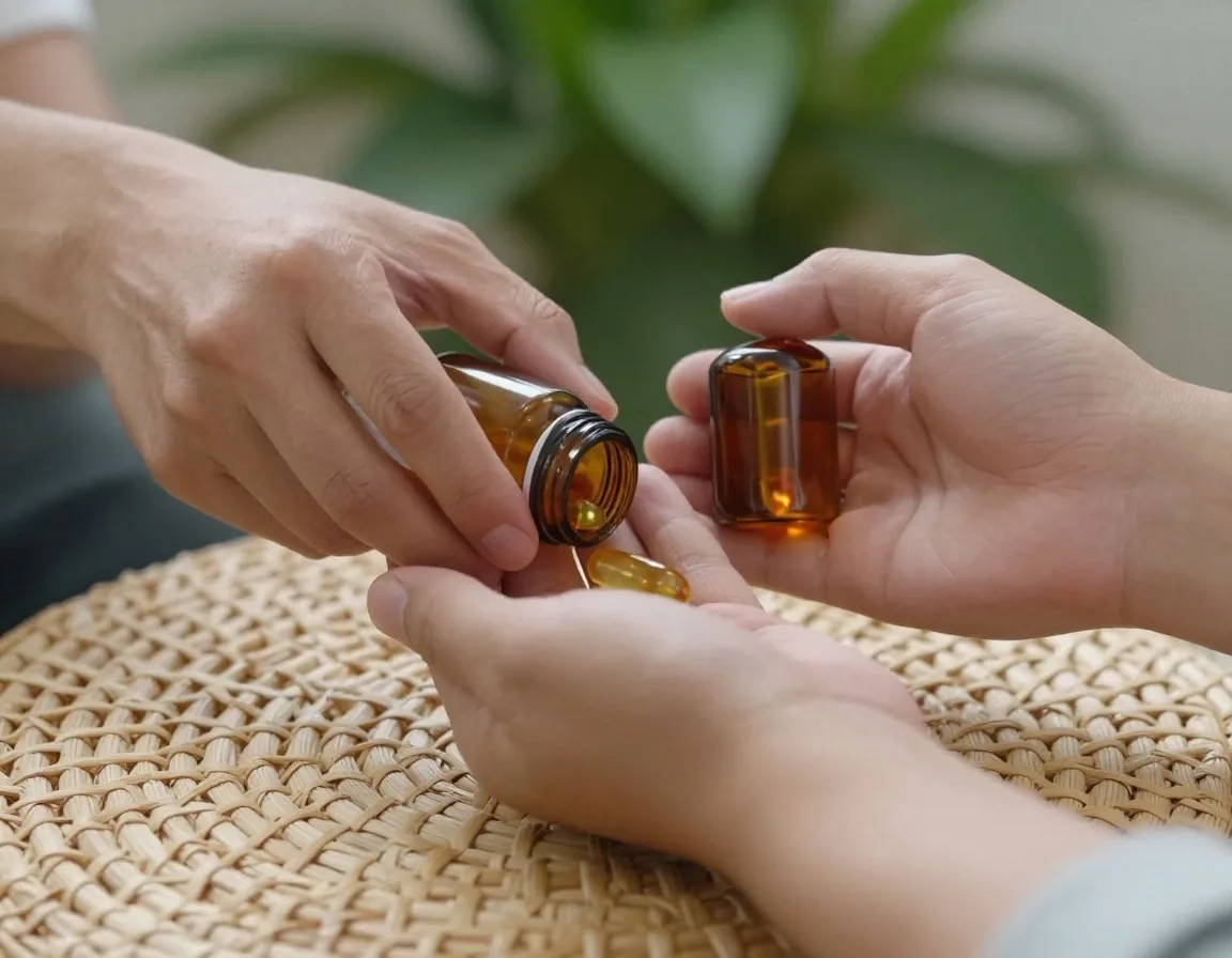 A supplement vial and softgel resting on a printed ingredient sheet with stamp tongs beside it