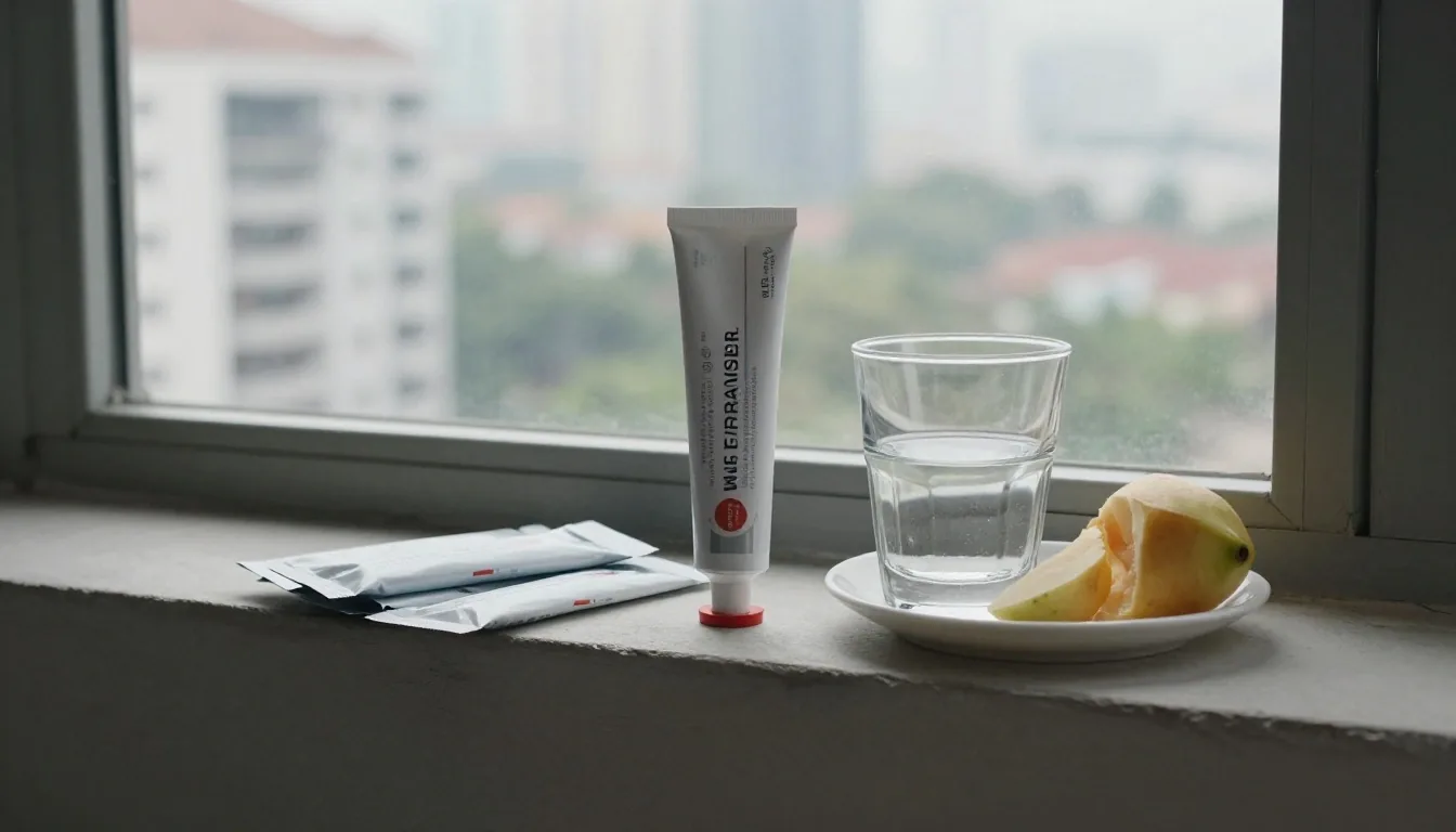 A supplement tube and sachets on a desk beside a printed sheet of dietary values