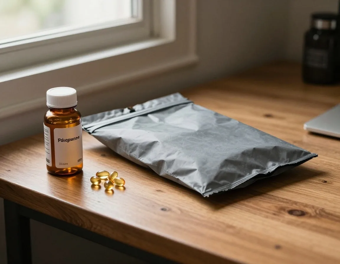 A shipping carton, courier bag, and a sealed vial of capsules set out on a teak work table, illustrating how order records are stored and later cleared