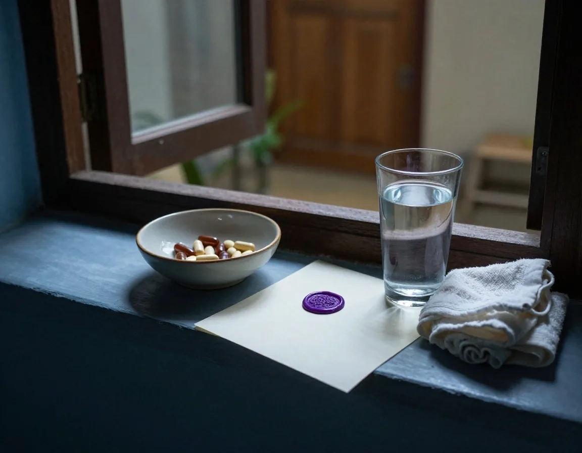 Daily multivitamin capsules and tablets arranged in a grid on gummed paper beside a violet seal