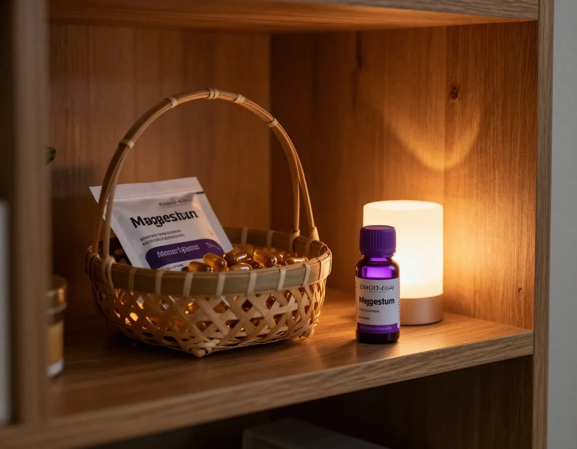 Energy supplement capsules, a magnesium sachet and a violet-capped vial arranged on gummed paper