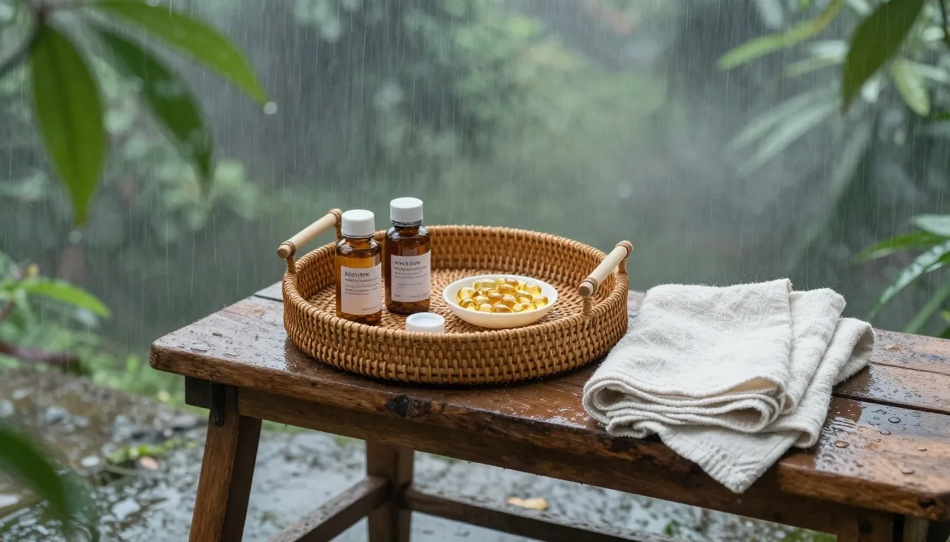 A hand pressing a violet cancellation stamp onto a paper supplement cell on a teak work table beside vials and capsules